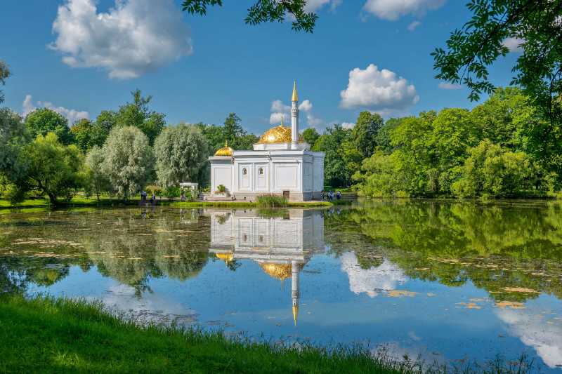 Great Pond and Turkish Bath pavilion, Catherine park, Pushkin town, Saint Petersburg, Russia