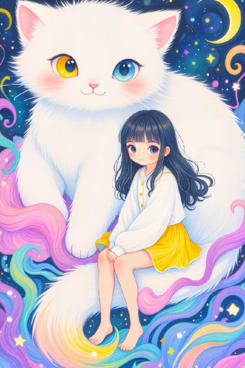 큰 흰 고양이 꼬리에 앉아 있는 어린 소녀 판타지 장면