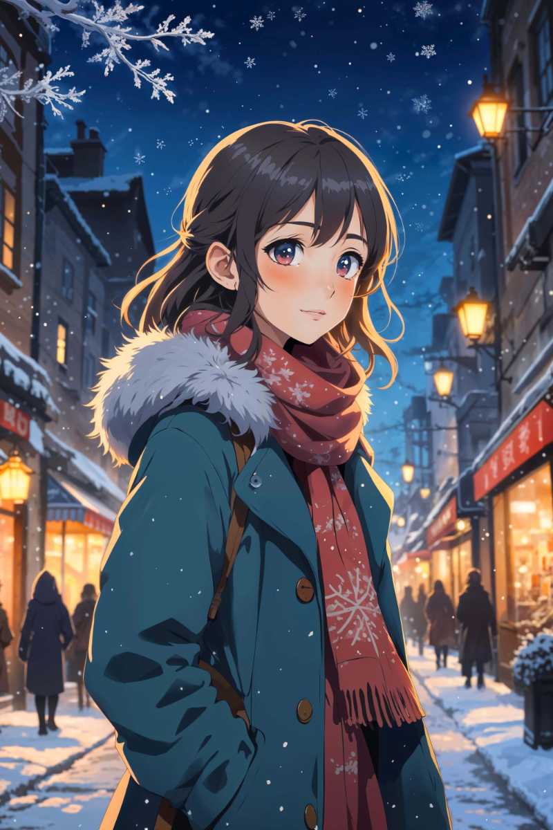  Garota com casaco de inverno e cachecol na rua com neve