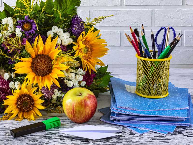 A bouquet of autumn flowers stationery an apple a stack of school notebooks