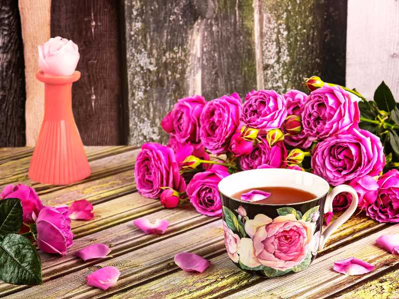 A cup of tea decorated with a bouquet of pink peony roses