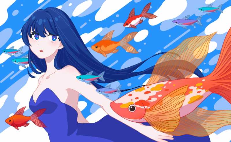 A girl watching fish swimming in water with bubbles rising
