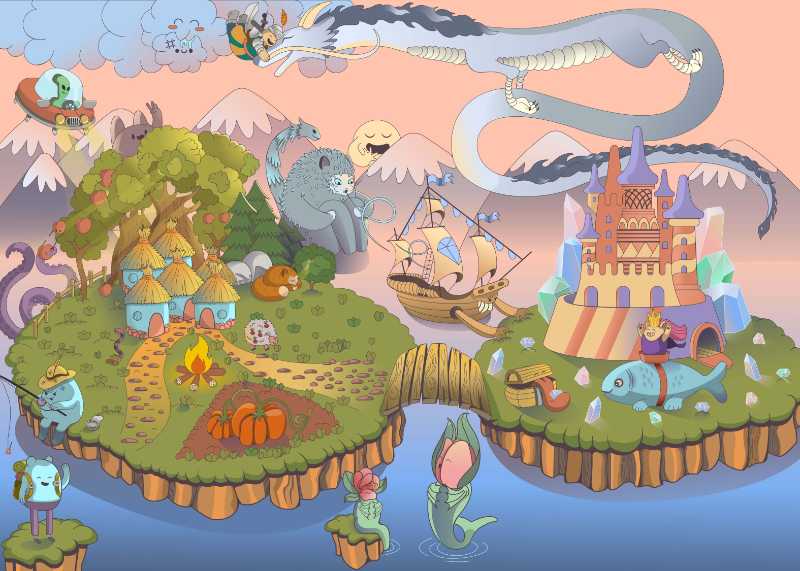 A magical world depicting different characters and situations