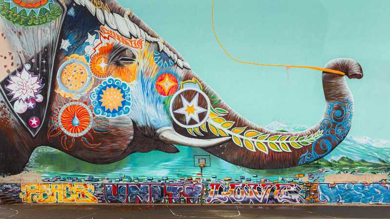 A mural of an elephant with a colorful design on it