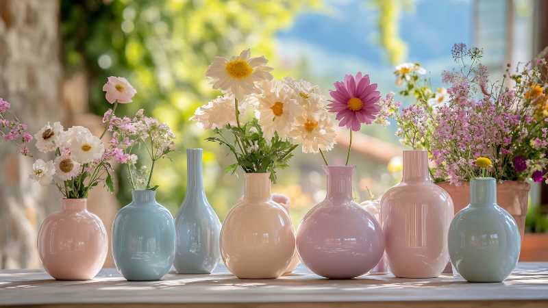 A row of ceramic vases with blooming flowers