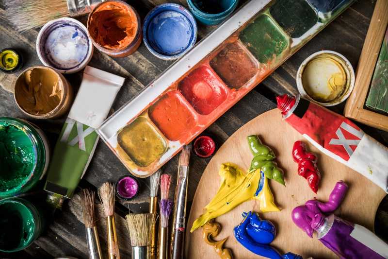 Acrylic Paints Watercolors and Brushes