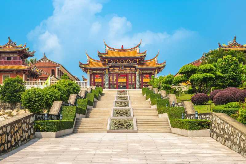 AMa Temple in Macau with traditional architecture and stone carvings on a sunny day