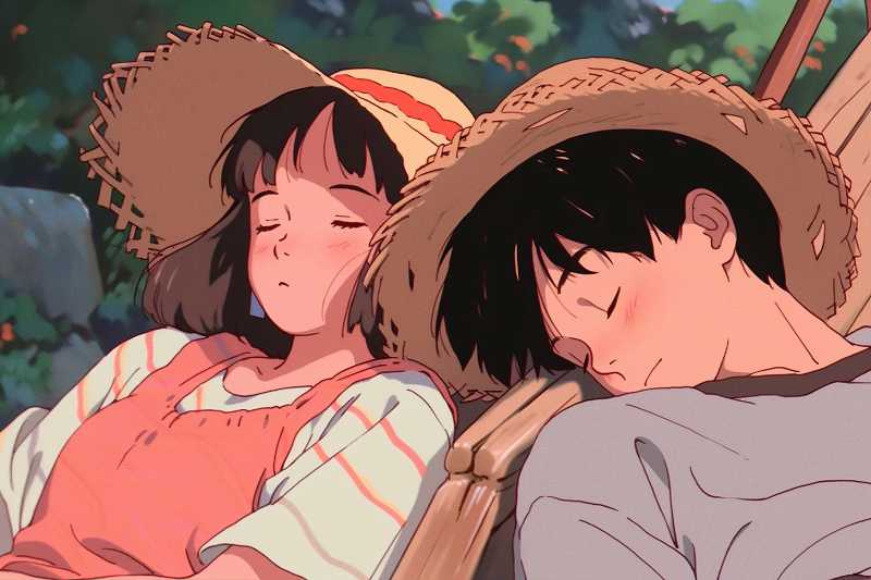 Anime-Paar macht im Freien ein Nickerchen mit Strohhüten