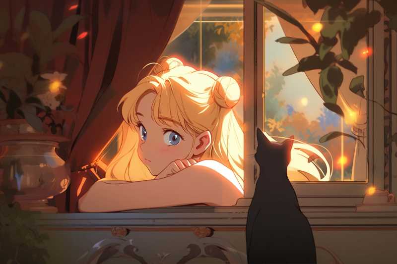 Anime-Mädchen mit blonden Haaren schaut aus dem Fenster mit schwarzer Katze