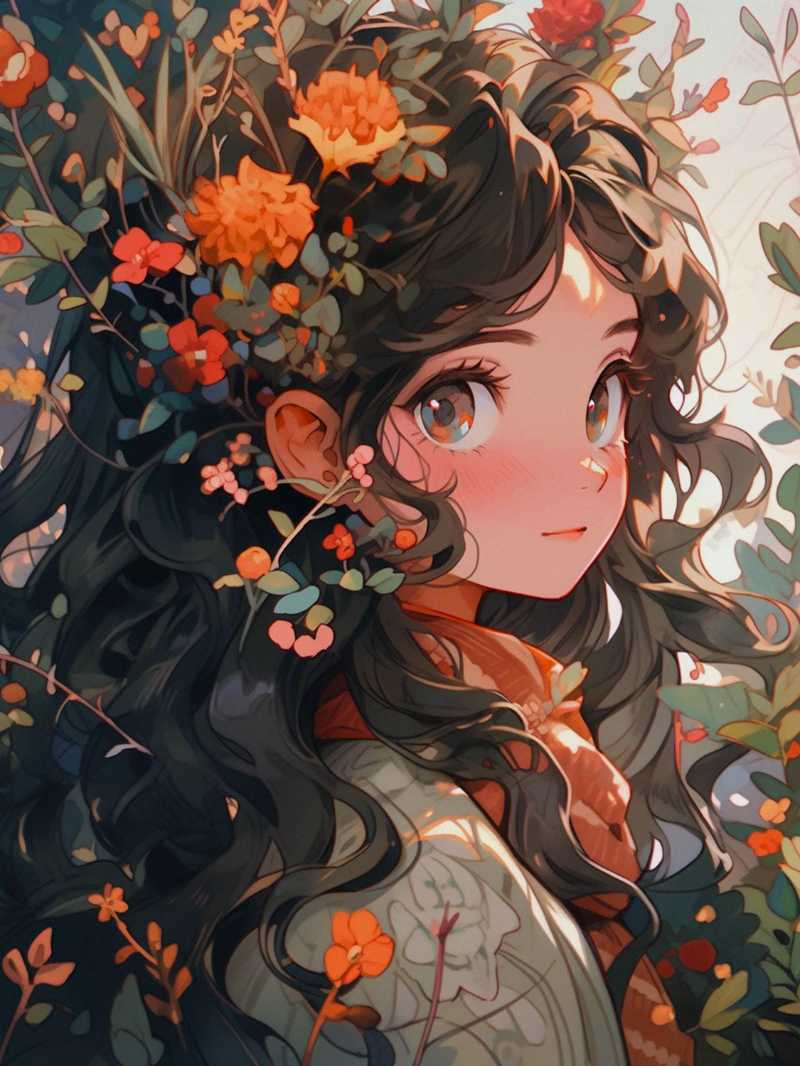 Anime-Mädchen mit langen dunklen Haaren geschmückt mit Blumen
