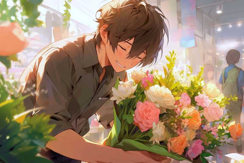 Homem de anime sorrindo enquanto segura flores