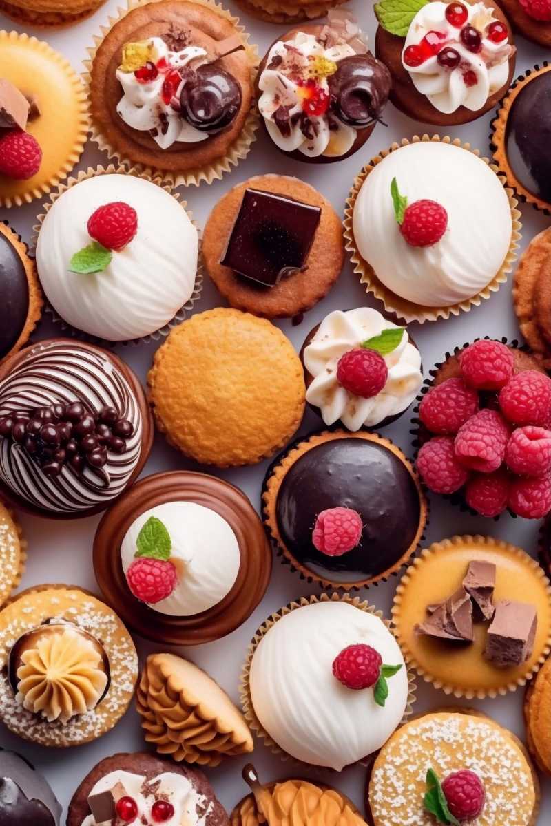 Assorted different mini cakes with cream chocolate and berries