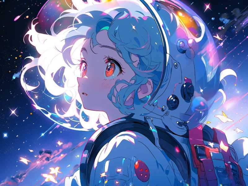 Menina astronauta olhando as estrelas no espaço