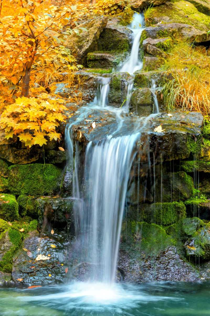 Autumn Waterfall Cascade with Golden Foliage and Mossy Rocks