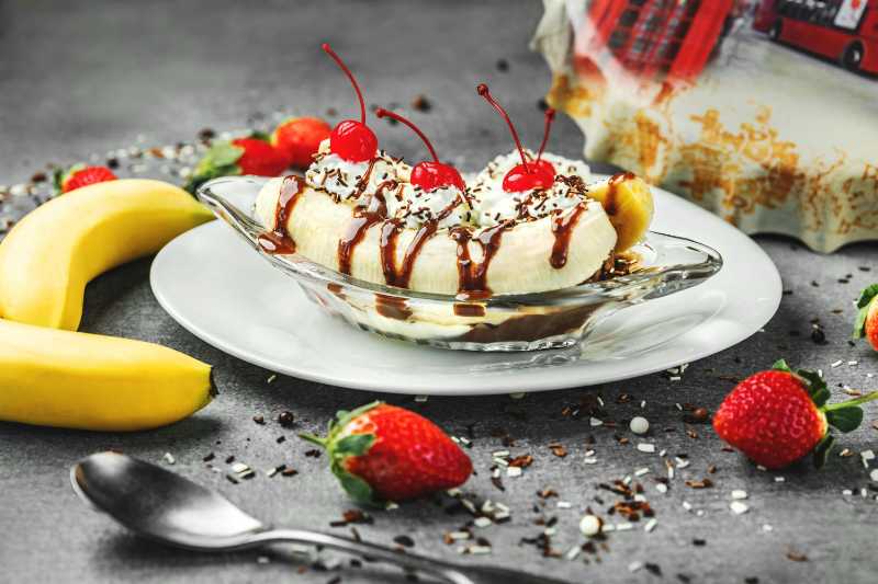 Banana Split Sundae with Chocolate Sauce and Cherries