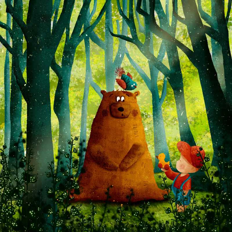 bear child bird trees woods - jigsaw puzzle