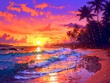 beautiful painting of a sunset at the beach with palm trees - jigsaw puzzle