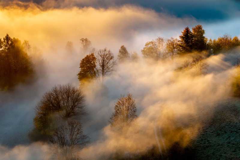 Beautiful sunrise with mist over autumn forest in Lesser Poland