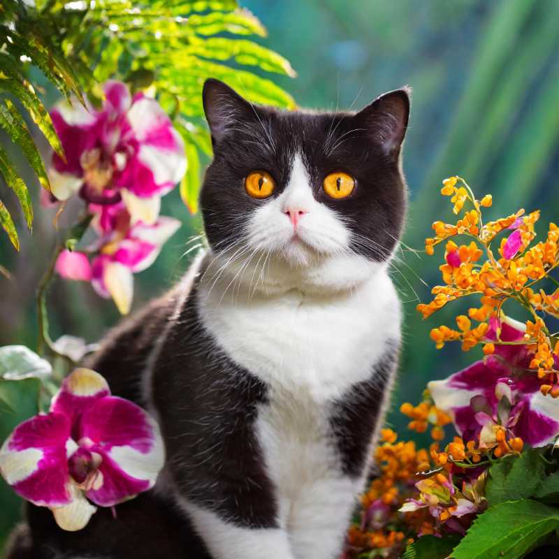 Black and white cat surrounded by orchid flowers