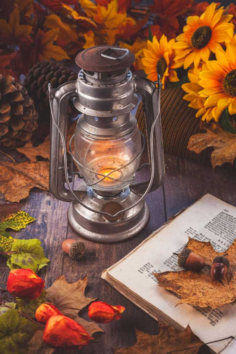 Buch und eine altmodische Laterne umgeben von Herbstblättern und Blumen