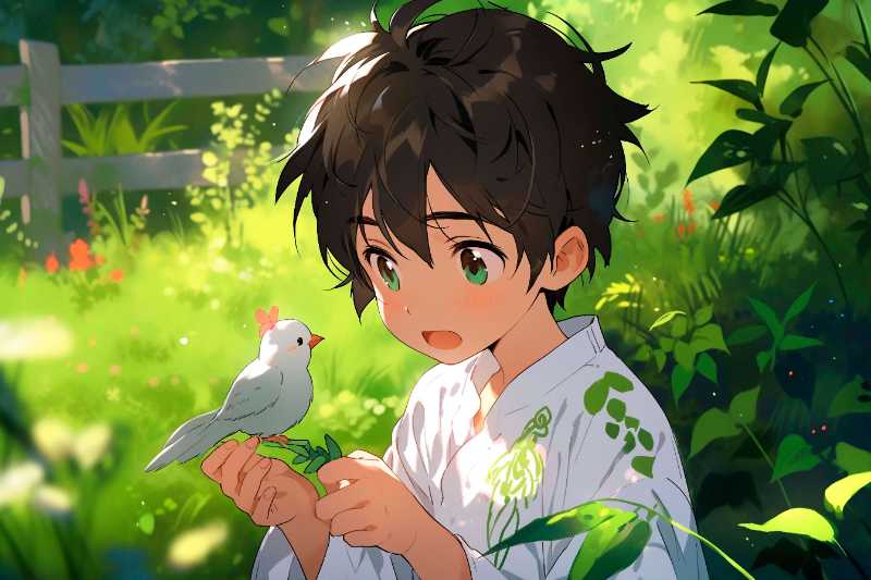 Junge hält einen weißen Vogel in einem grünen Wald