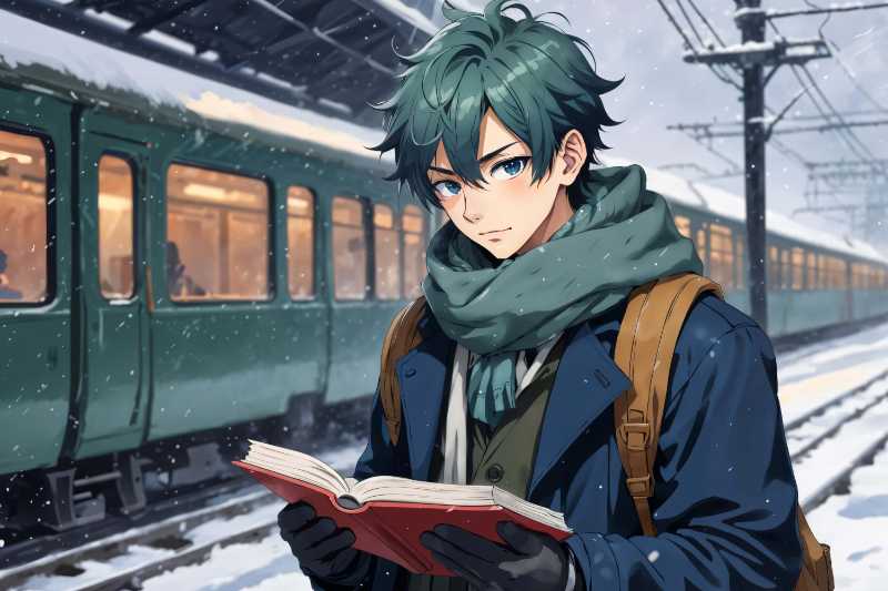Junge liest Buch am verschneiten Bahnhof