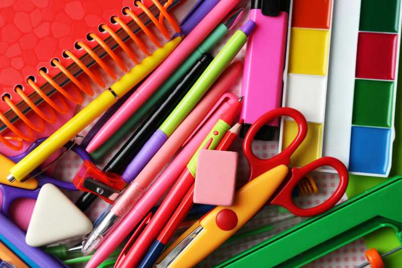 Bright Colorful School Supplies Close-Up Overhead View