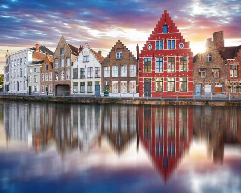 Bruges Canal Houses at Sunset with Colorful Sky Reflection