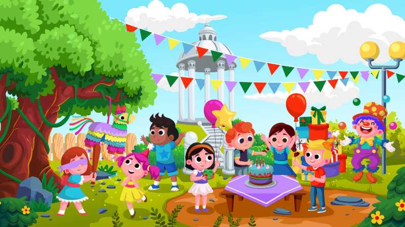 cartoon illustration of birthday party celebration in the yard