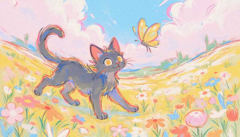 Cat chasing butterfly in a flower meadow