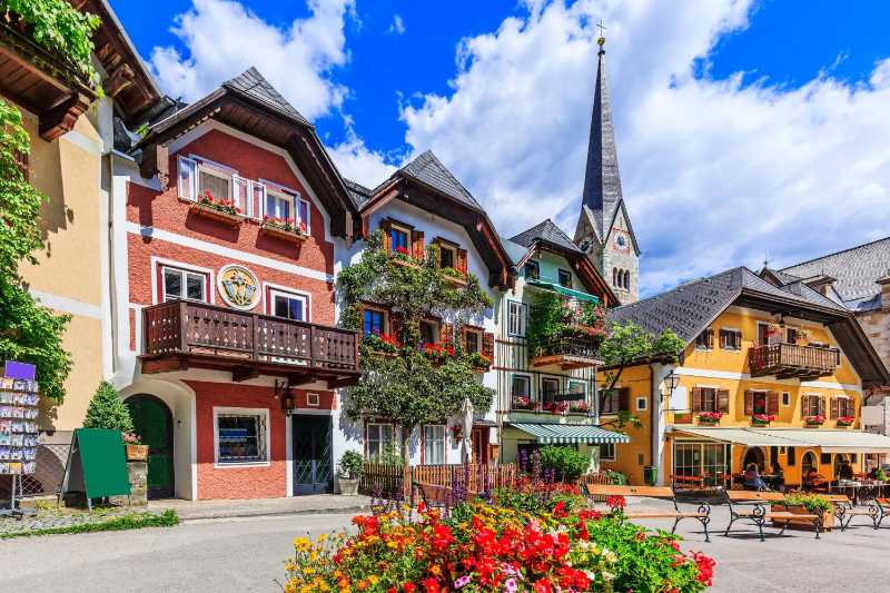 Charming Hallstatt village in Austria with colorful buildings