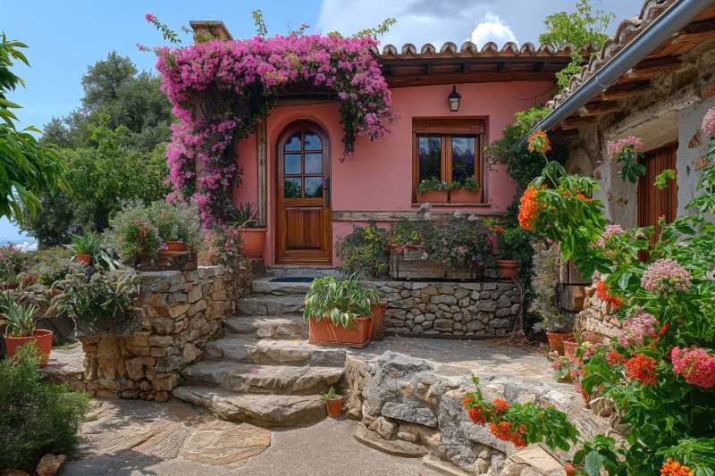 Charming idyllic exterior with colorful flowers hanging on the wall on a sunny day