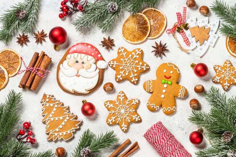Christmas gingerbread cookies with spices and holidays decorations