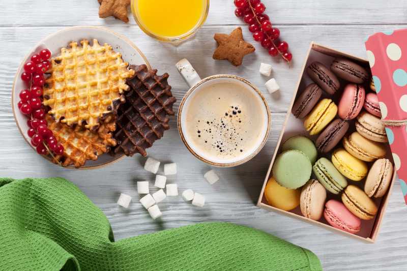 Assorted French Macarons and Belgian Waffles Breakfast Spread