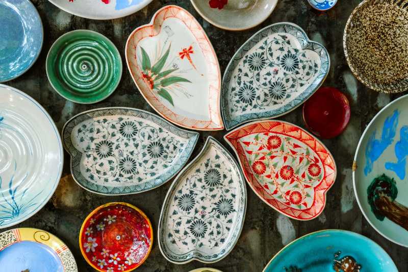 Collection of colorful plates and bowls