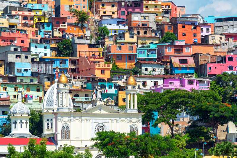 Colorful hillside cityscape with church