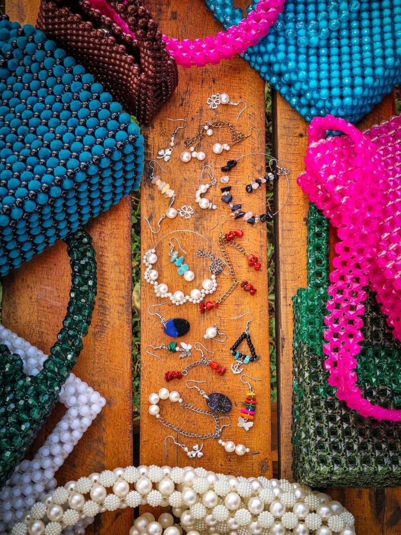 colorful beaded handbags and jewelry display