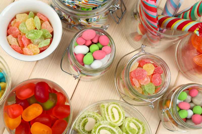 Colorful candies in glass container