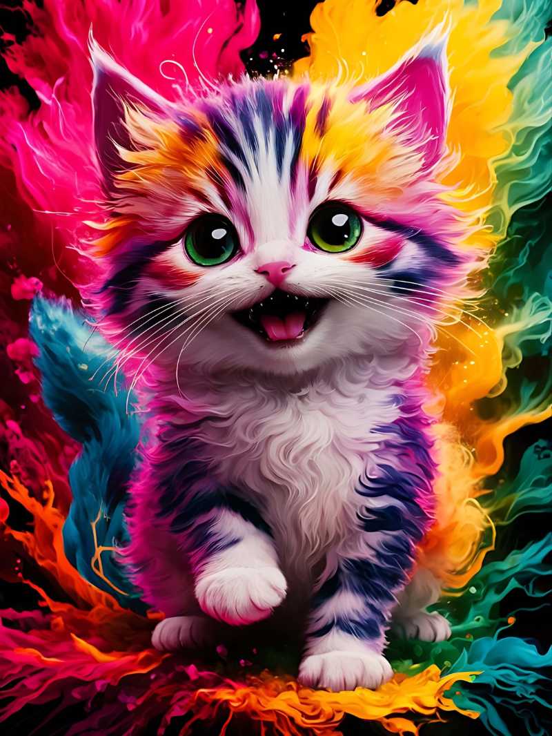 抽象的なネオンのスプラッシュとカラフルな漫画の猫