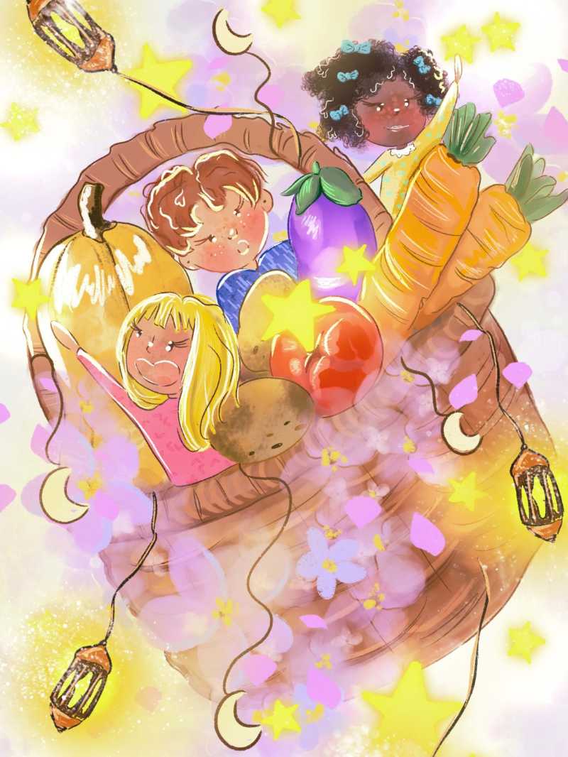 Colorful Cartoon Illustration Kids with Pumpkins