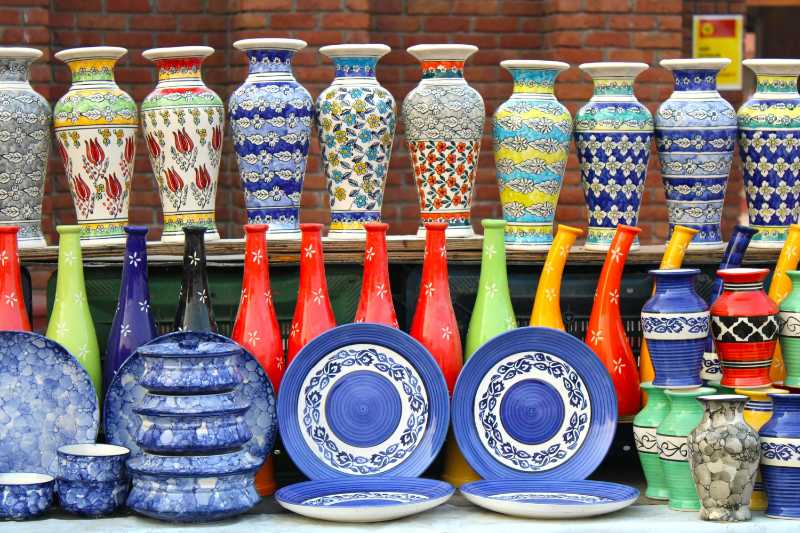 Colorful ceramic items on a stall