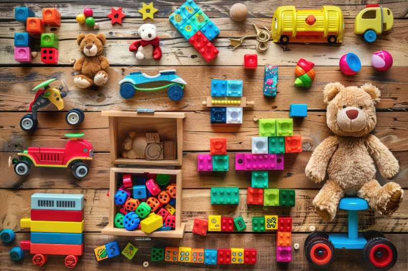 Collezione di giocattoli colorati per bambini su superficie di legno