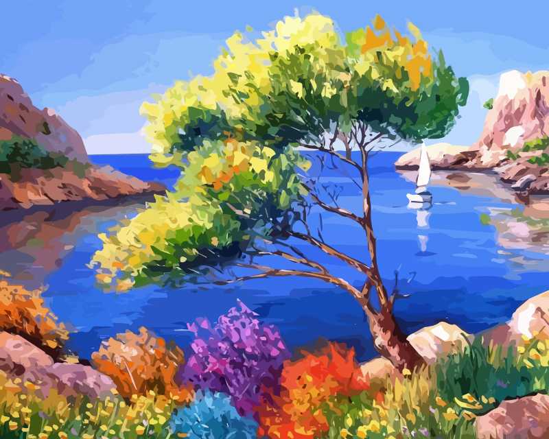 色彩斑斓的海岸风景与帆船