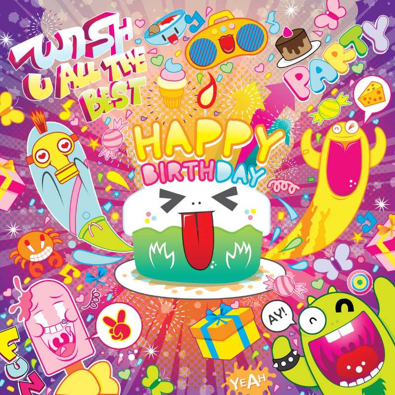 カラフルな誕生日おめでとうの挨拶イラスト