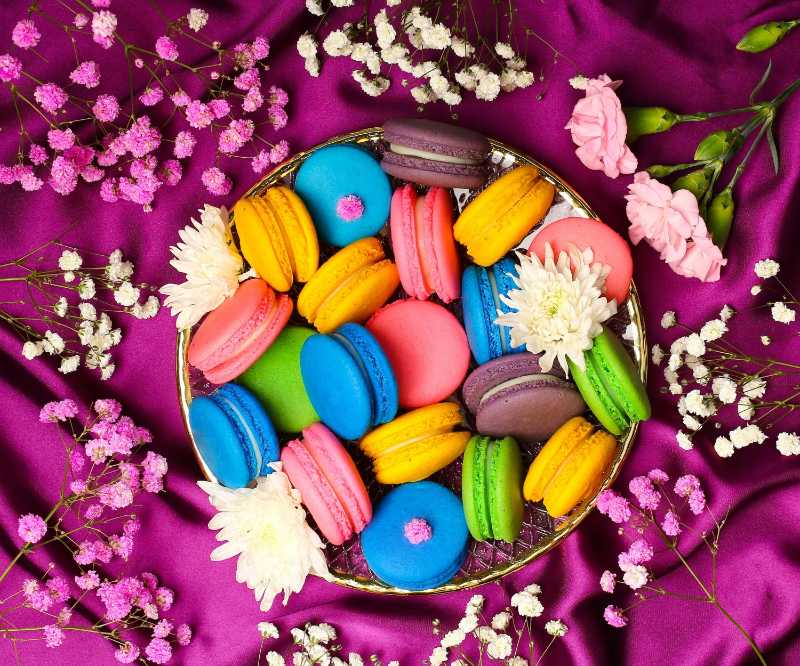 colorful macarons on purple fabric with flowers