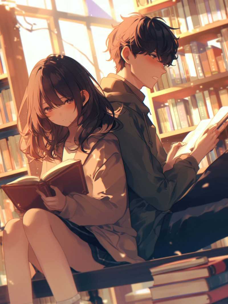 Casal lendo um após o outro na biblioteca