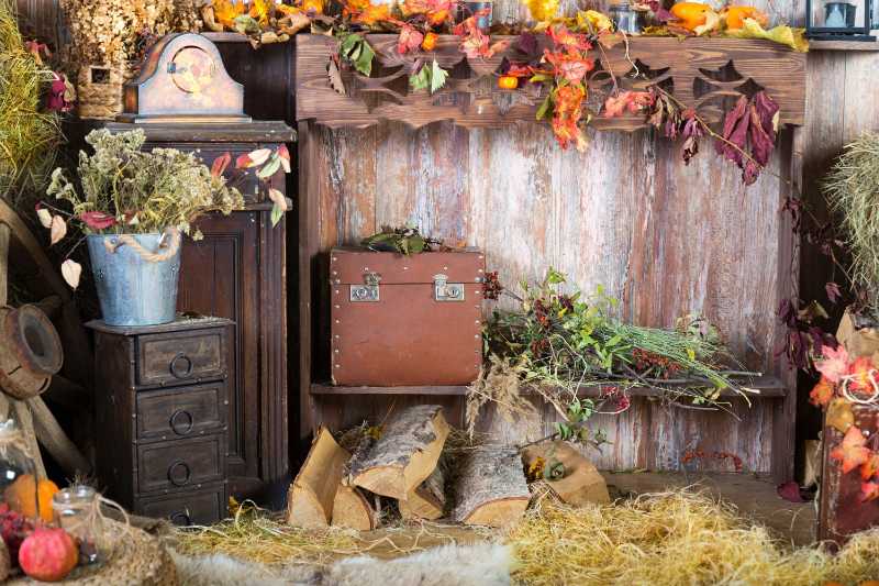 Cozy Rustic Autumn Harvest Still Life with Firewood and Leaves