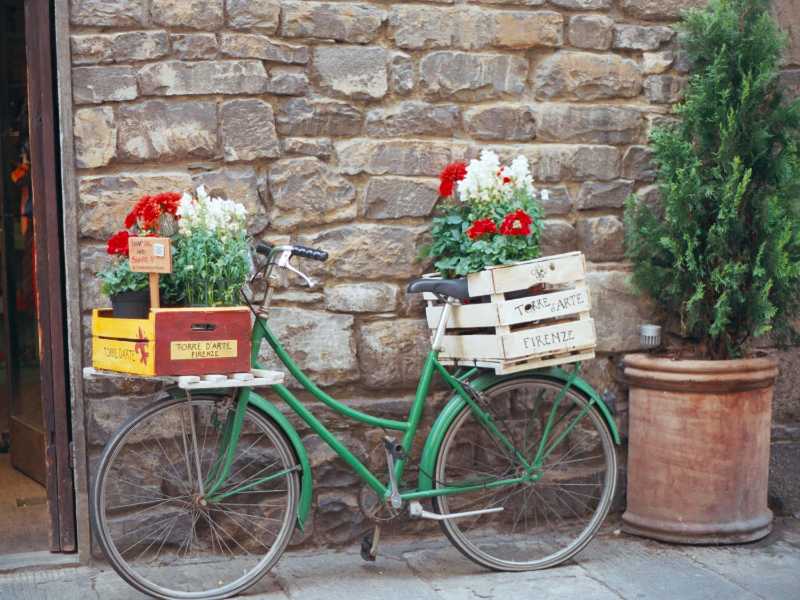 Kisten mit Blumen auf dem Fahrrad