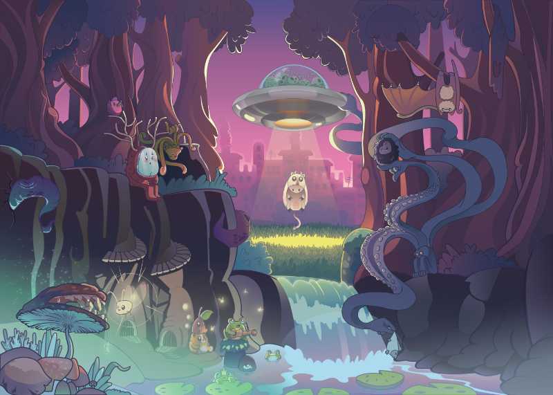 Cute Cartoon Aliens in a Magical Forest with a UFO