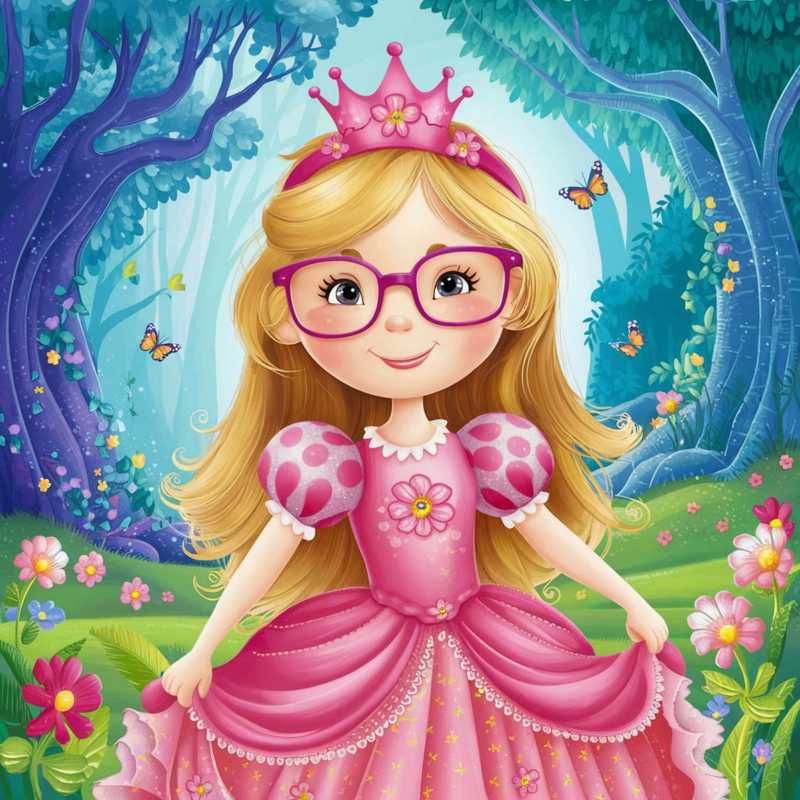 Cute Cartoon Princess with Glasses in a Magical Forest